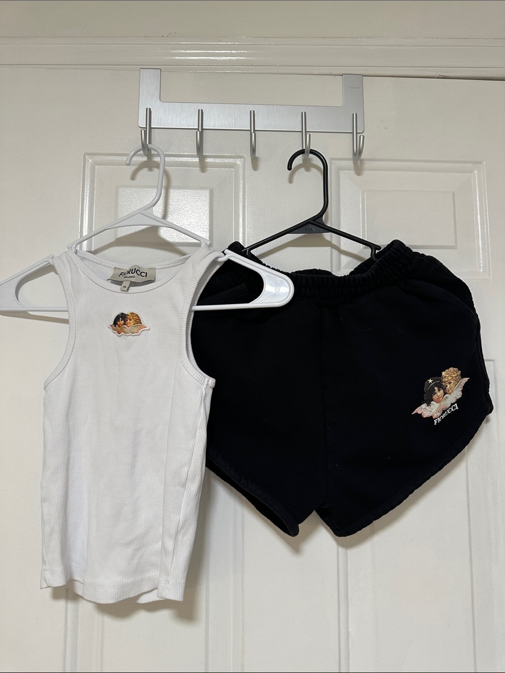 Fiorucci White Tank Top & Black Shorts Set with Angel Patch